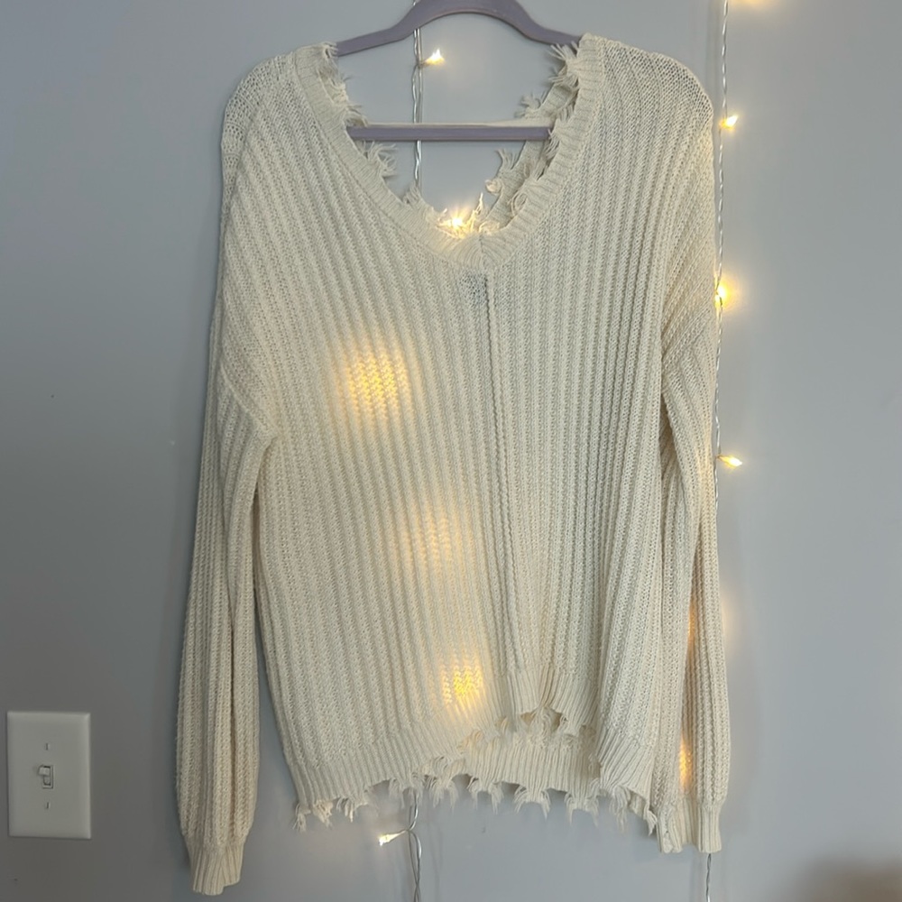 Cream Fringy Over Sized Sweater